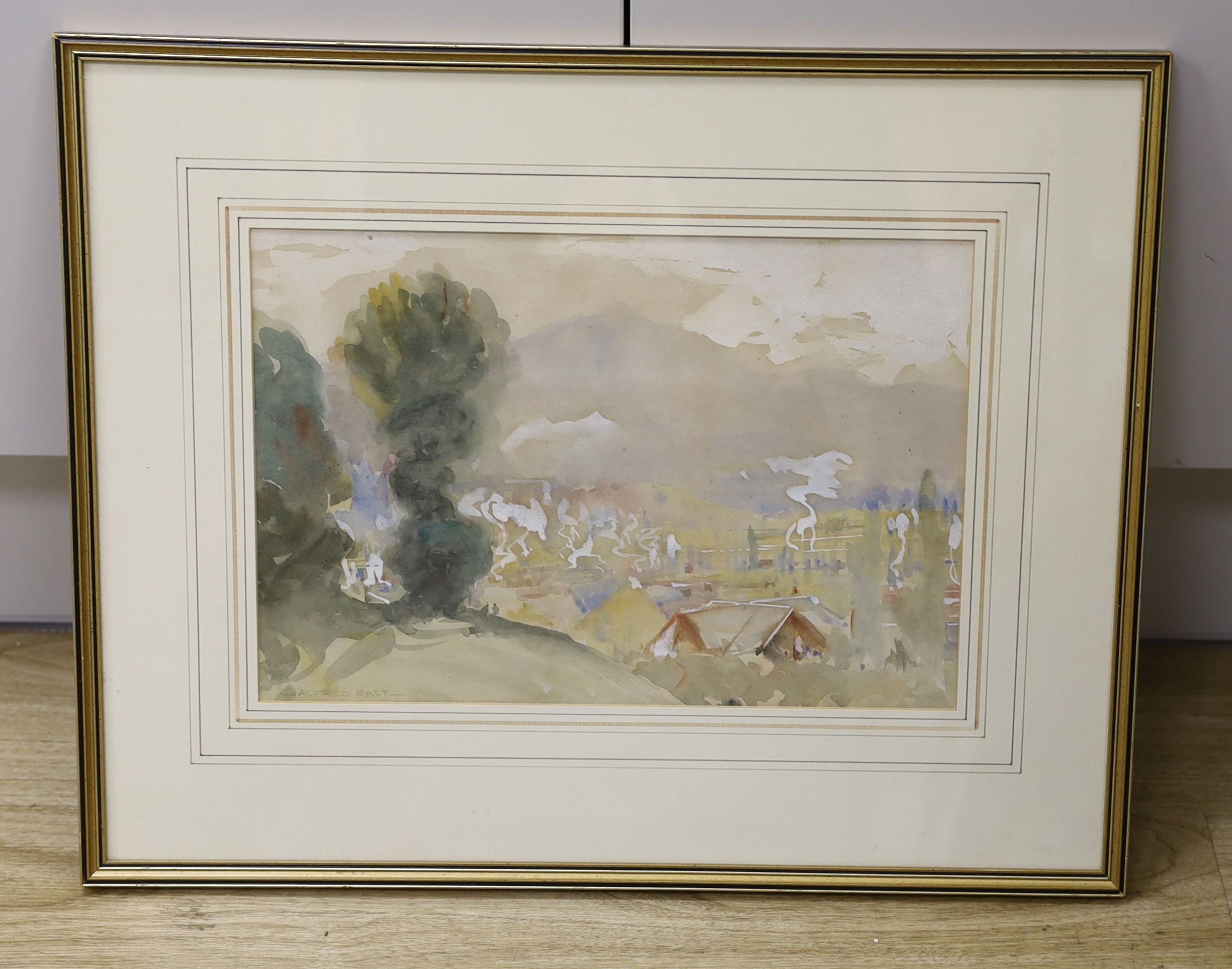 Sir Alfred East (1849-1913), watercolour, Hillside view, signed, 23 x 33cm